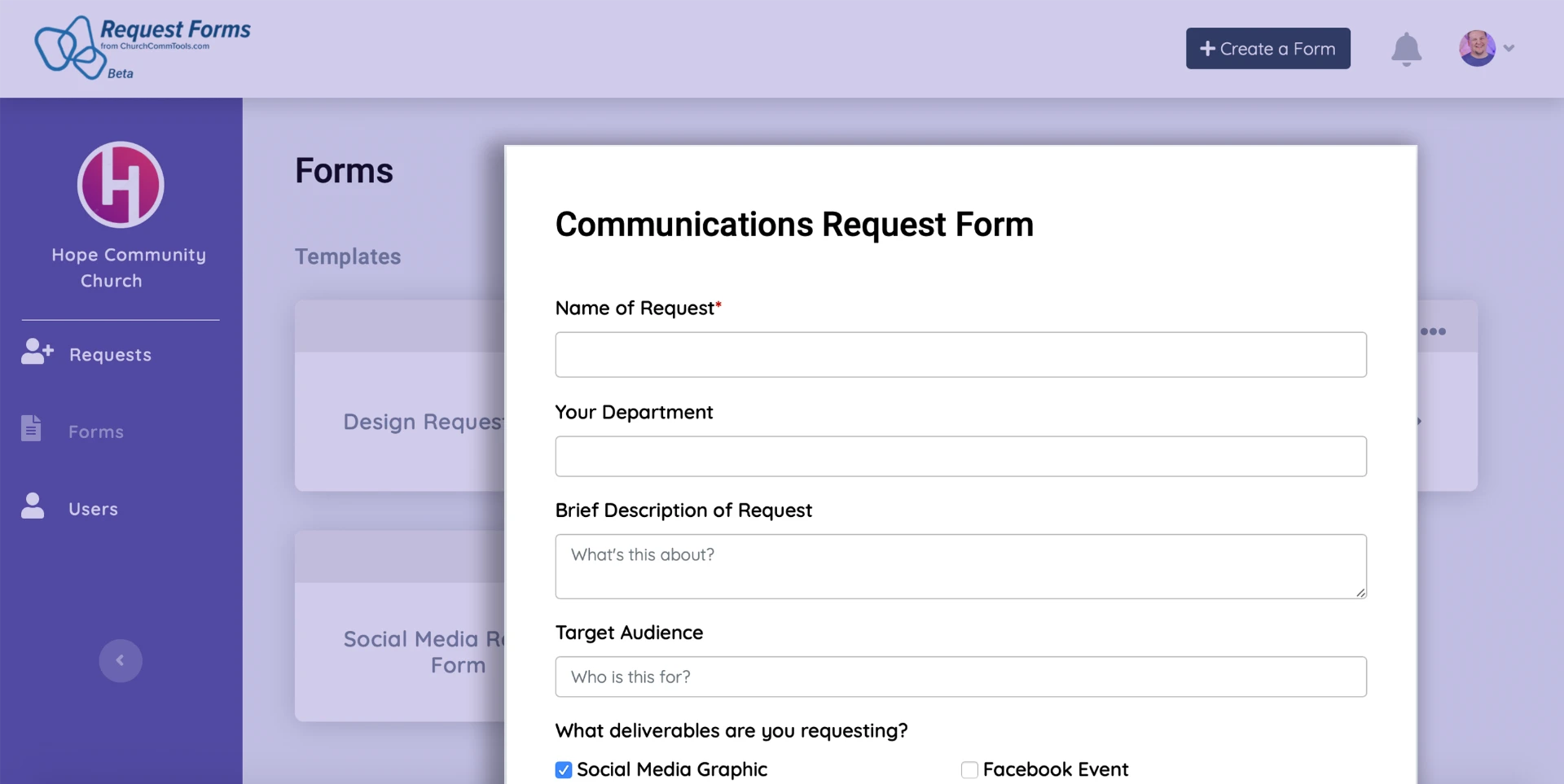 ChurchRequests communications request form with fields for request name, department, description, target audience, and deliverables