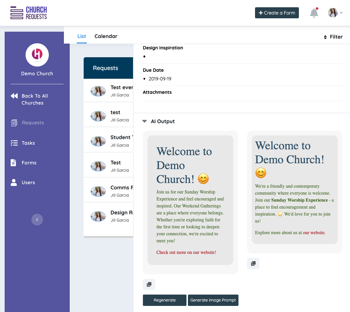 ChurchRequests request details page showing AI-generated welcome content in the church's brand voice with regenerate and generate image prompt buttons