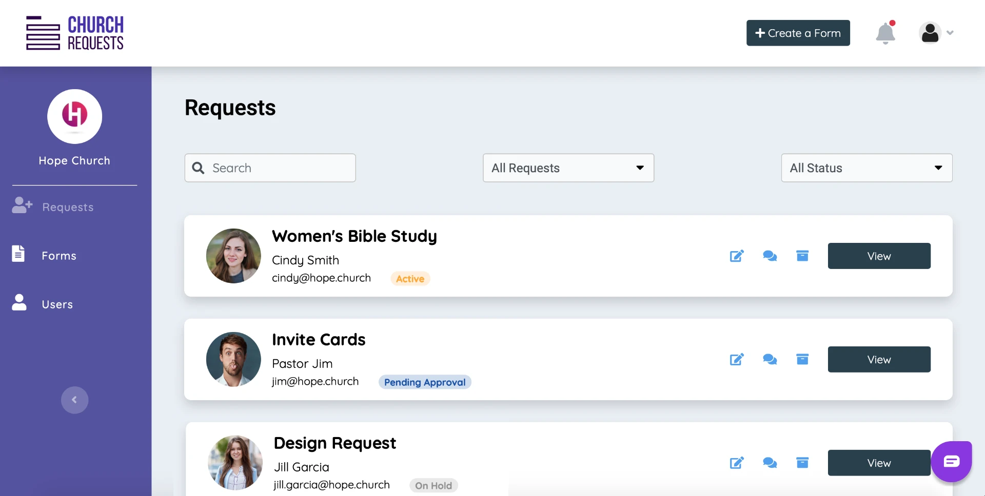 ChurchRequests requests dashboard showing submitted communication requests, status filters, and action buttons