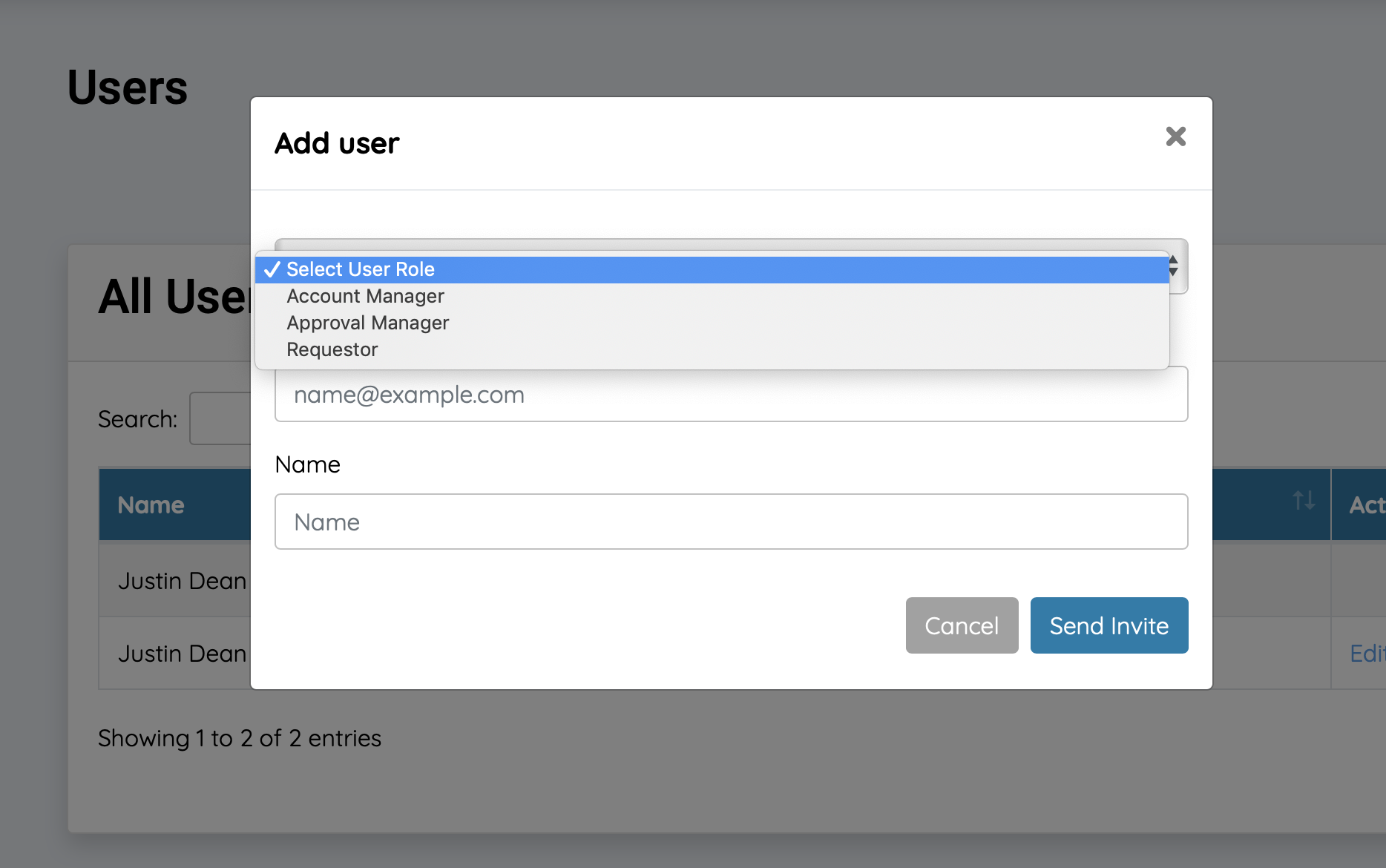 ChurchRequests user role selection modal showing Account Manager, Approval Manager, and Requestor roles