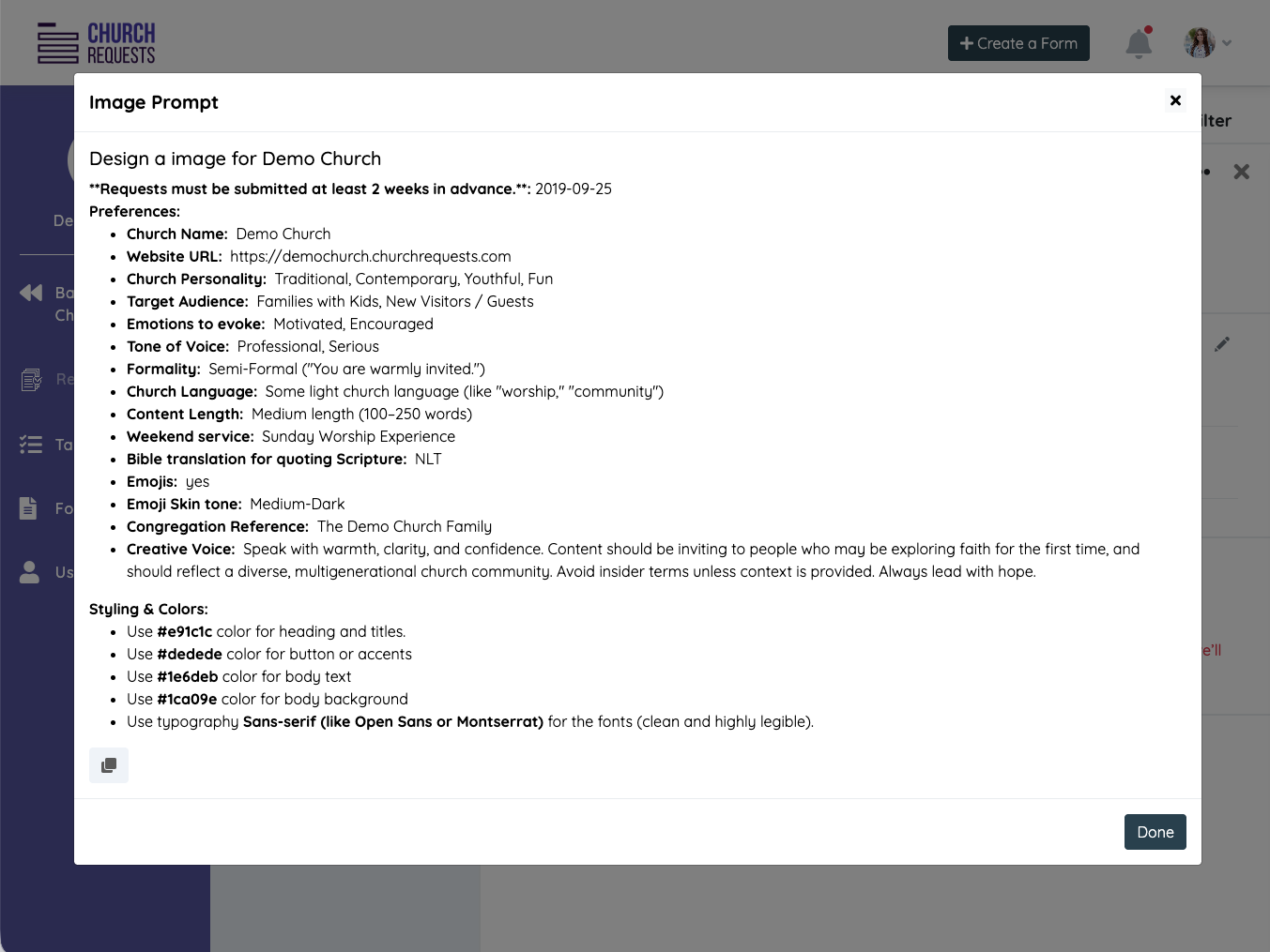 ChurchRequests AI image prompt pre-filled with the church's brand voice, style, colors, and creative preferences